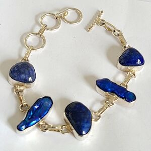 Vintage Bold Boho Blue Titanium Biwa Pearl Lapis Lazuli Sterling Silver Bracelet